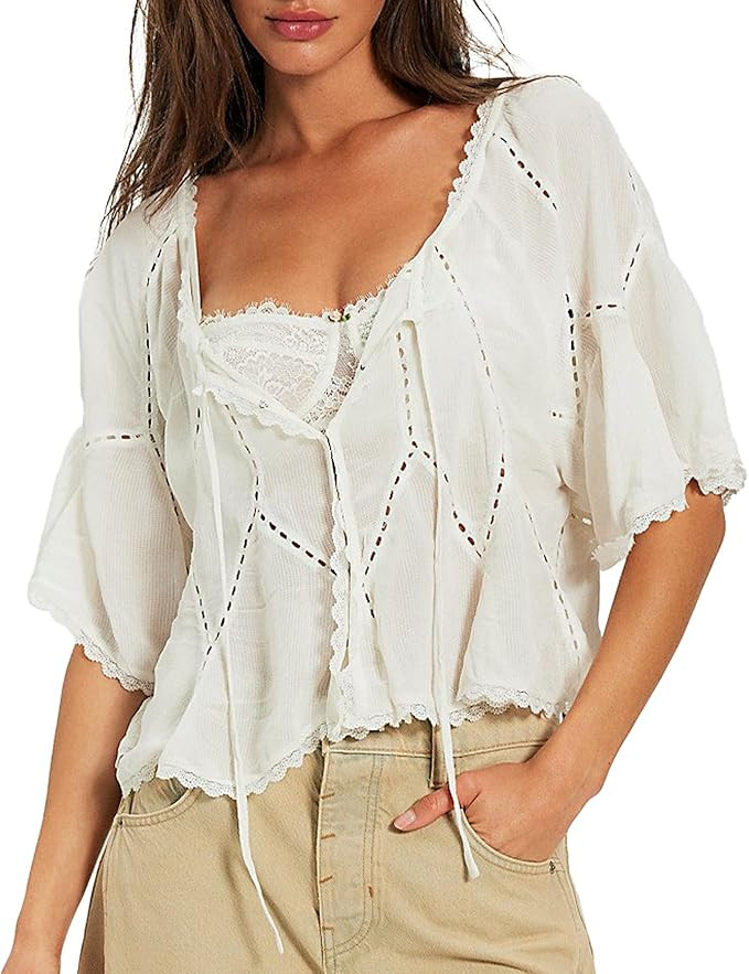 Womens Blouse Casual Tie Front Top Flowy Short Sleeve Scoop Neck Lace Trim Shirts Cute Lightweigh... | Amazon (US)