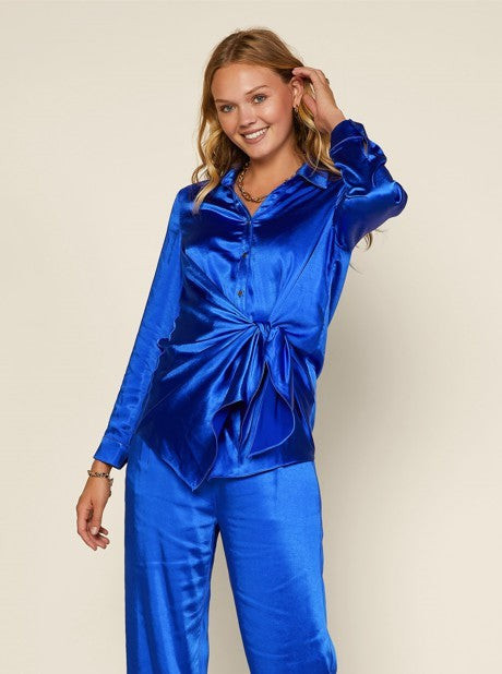 Royal Blue Satin Button Down Blouse | Peppered with leopard