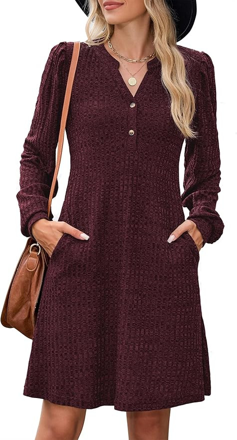 ZAFUL Womens Long Sleeve Fall Dresses with Pockets V Neck Button Casual Bodydoll Knit Sweater Dre... | Amazon (US)