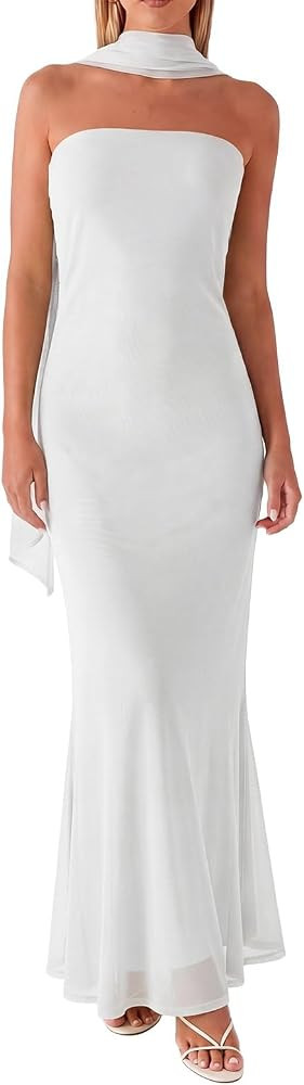 Women Floral Tube Maxi Dress with Scarf Summer Strapless Tube Bodycon Mesh Layer Cocktail Party W... | Amazon (US)