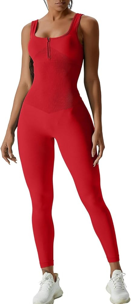 QINSEN Womens Zip Front Square Neck Tank Top Sleeveless Jumpsuit Long Pants Yoga Unitard Rommpers | Amazon (US)