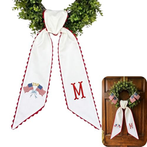 Chikky Monogrammed Wreath Sash with American Flag Embroidery - 54 x 5 Inches Custom White Wreath Bow for Front Door - Patriotic 4th of July, Memorial Day Decor (07-250th 4th of July) | Amazon (US)