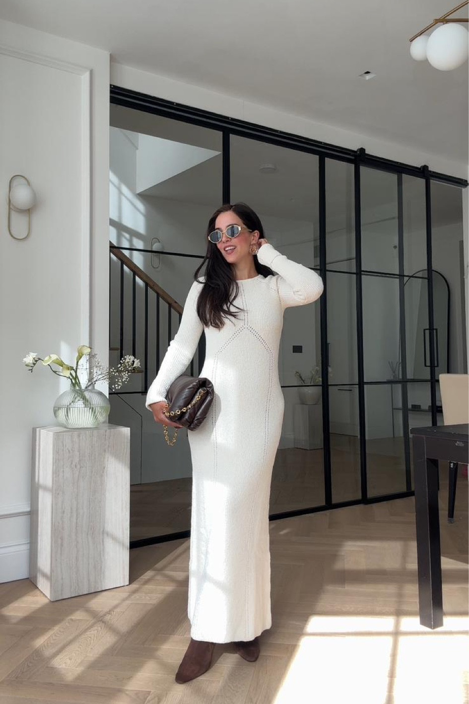 Autumn Outfit / Fall Fashion / Long Sleeve Knit Maxi Dress / White Knitted Dress / Oval Sunglasses / Chocolate Brown Suede Boots / Brown Puffer Bag / H&M Dress / Heeled Boot / Day to Night / Modest Style / Workwear / London / UK Fashion 

#LTKuk #LTKautumn #LTKeurope