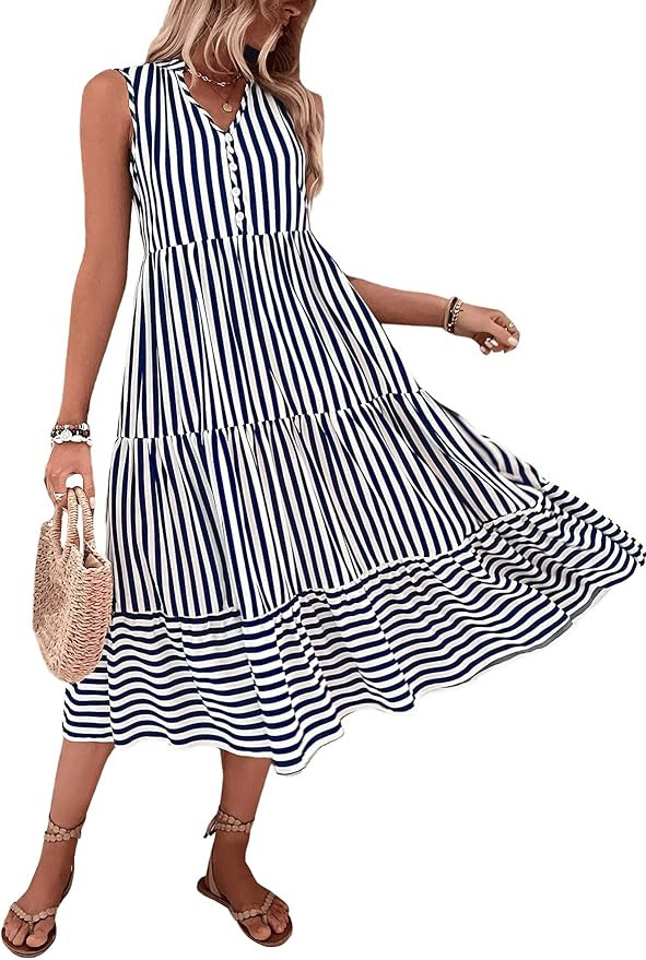 Floerns Women's Striped Print Notched Neck Sleeveless Ruffle A Line Midi Dress | Amazon (US)