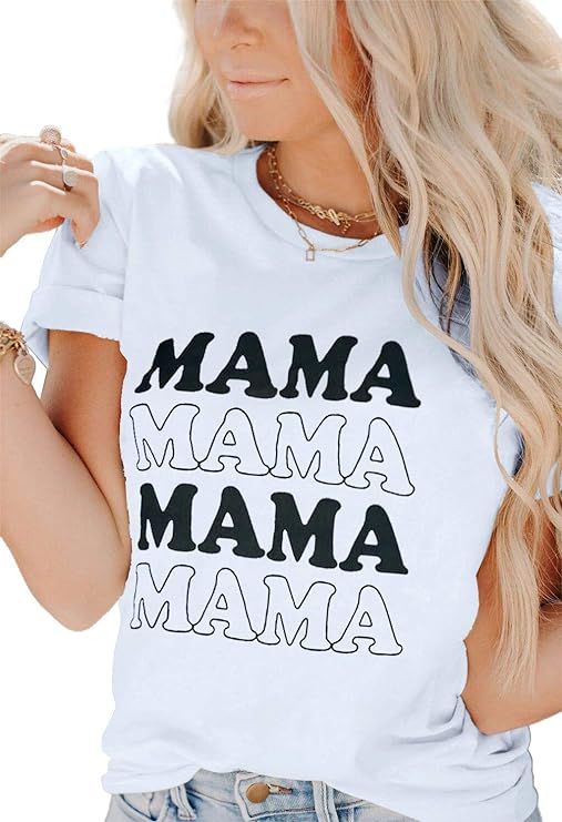LACOZY Women Summer Graphic Tees Short Sleeve Mama Letter Printed Crew Neck T-Shirt Tops Blouses | Amazon (US)
