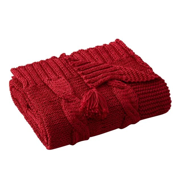 My Texas House Willow Cable Knit Cotton Throw Blanket, Red, Standard Throw | Walmart (US)