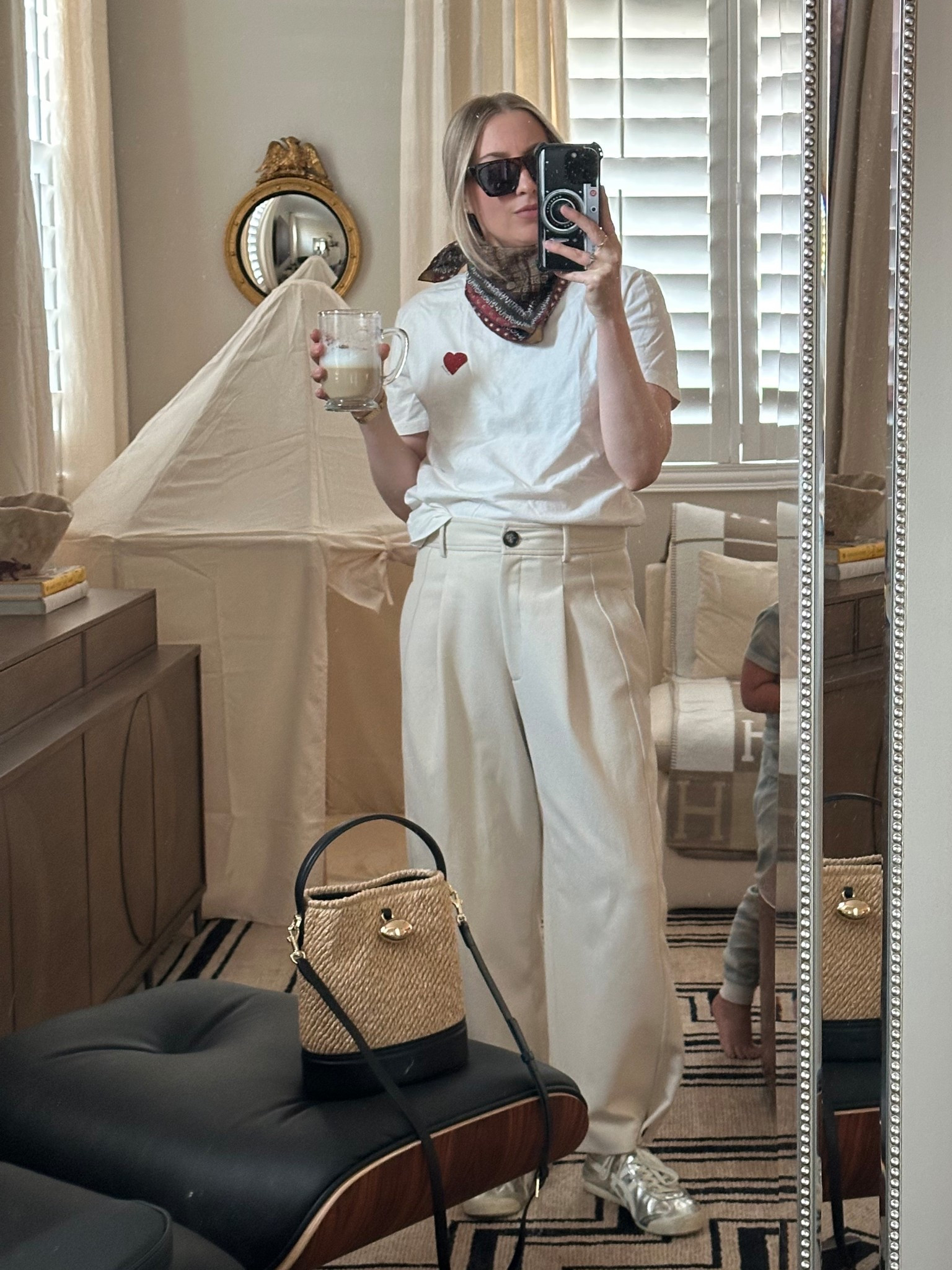 Today’s look: men’s sezane tee, white trousers, vintage LV scarf from the real real again because I forgot how much I love it, silver onitsuka tiger Mexico 66 sneakers, Amazon sunglasses 