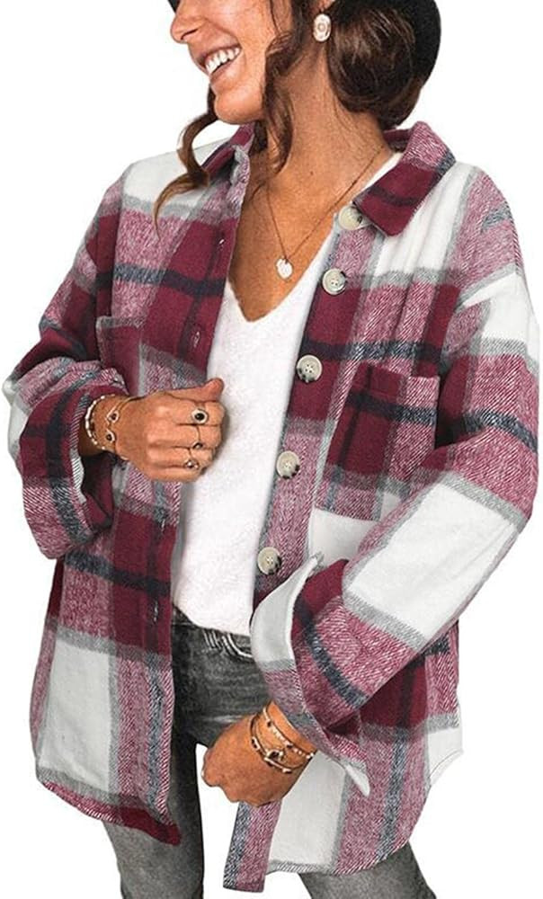 Women's Brushed Plaid Shirts Long Sleeve Flannel Lapel Button Down Cardigan Boyfriend Shacket Jac... | Amazon (US)