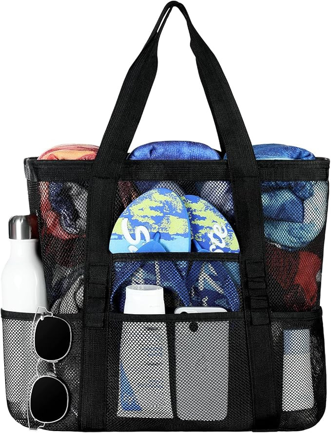 Tavaleu Mesh Beach Bag - Large Beach Tote with Multi Functional Pockets for Family Travel/Vacatio... | Amazon (US)