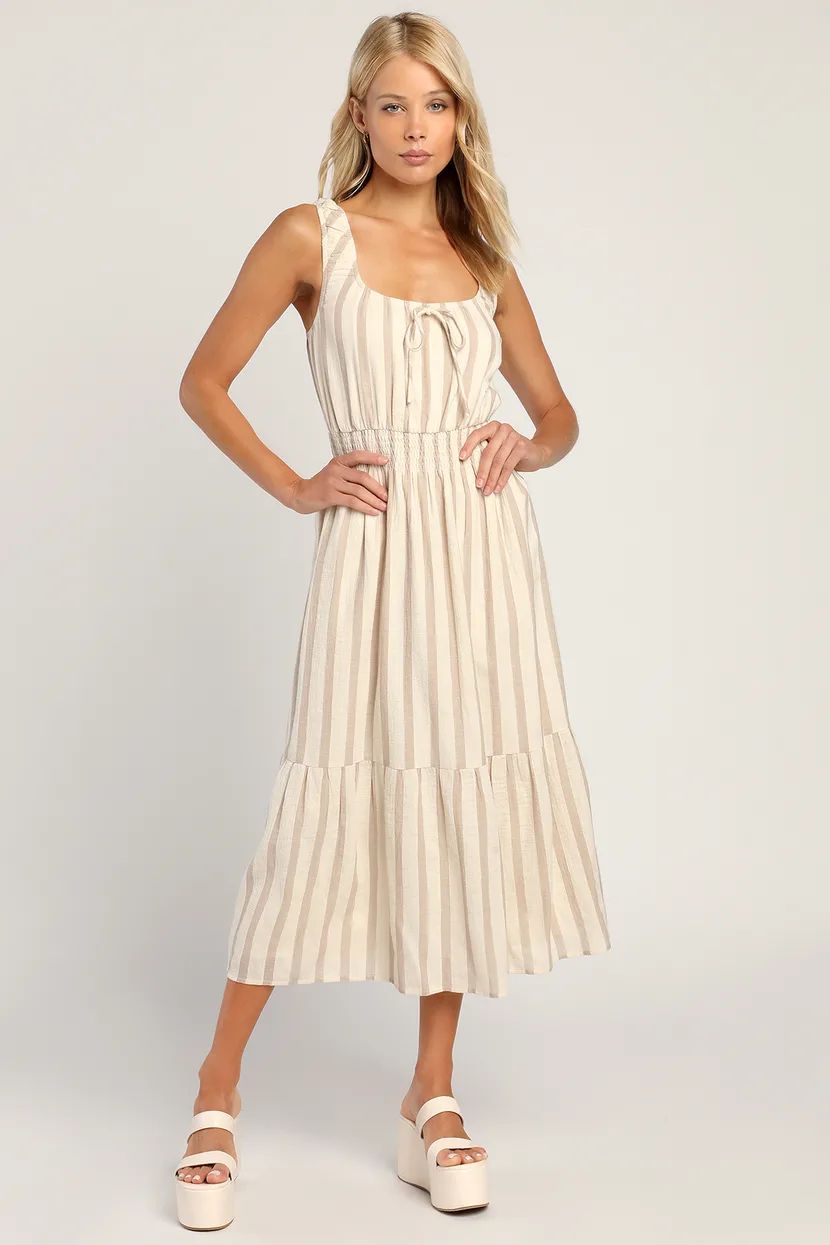 Beautiful Breezes Ivory Striped Linen Tiered Midi Dress Tan Dress Beige Dress Nude Neutral Dress | Lulus