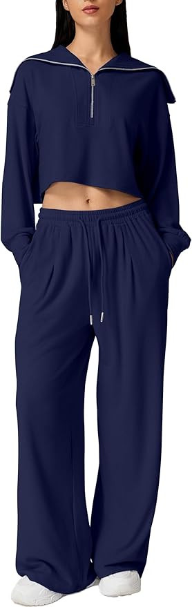 QINSEN Women Cozy 2 Piece Lounge Matching Set Wide Leg Sweatpants Half Zip Crop Sweatshirt Outfit... | Amazon (US)