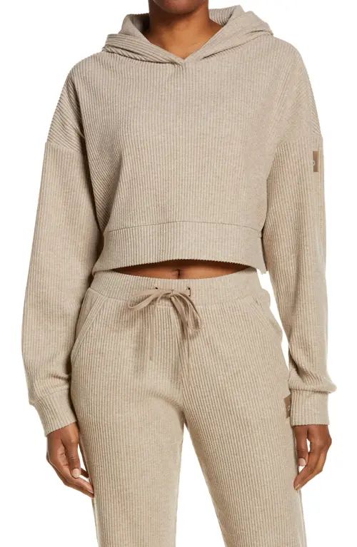 Alo Muse Ribbed Crop Hoodie in Gravel Heather at Nordstrom, Size X-Small | Nordstrom