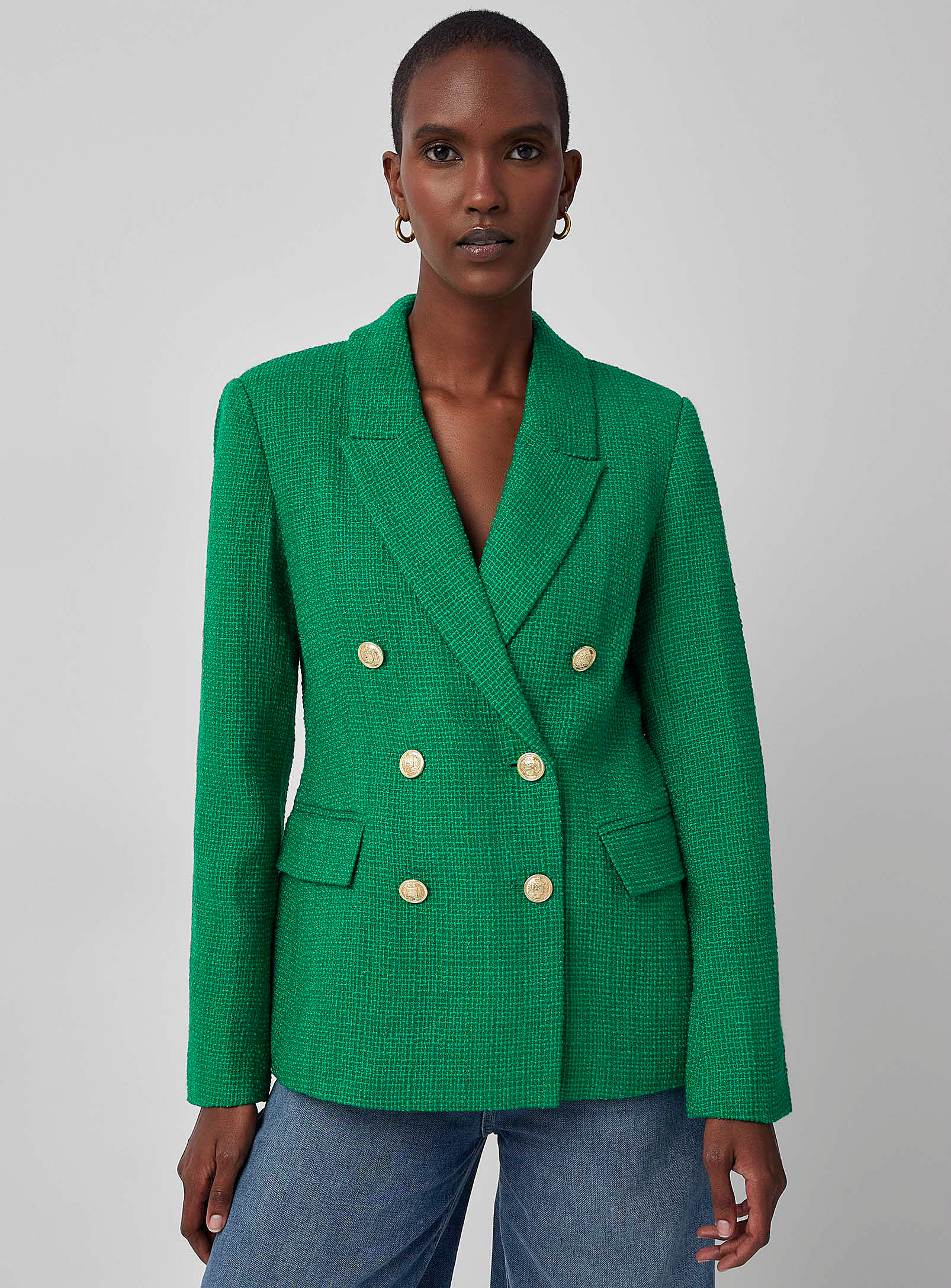 Contemporaine - Crest buttons tweed blazer (Women, Green, 14) | Simons