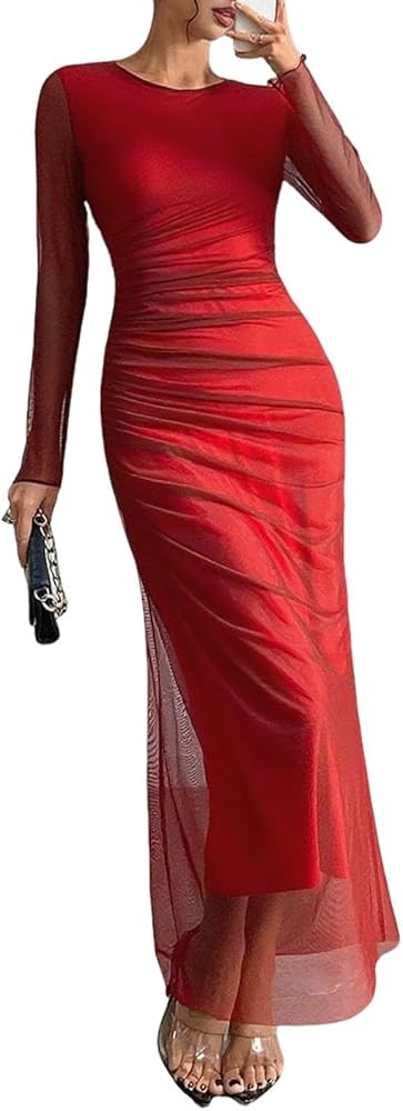 Women's Tie Dye Long Sleeve Maxi Dress Bodycon Ruched Night Out Formal Cocktail Long Dress for We... | Amazon (US)