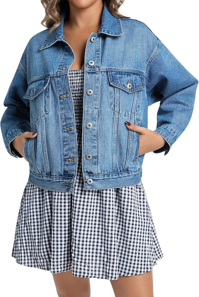 Women's Denim Jacket Loose Relaxed Fit with Pocket Trucker Jean Jacket Coats | Amazon (US)