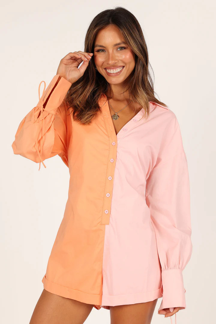 Angie Button Down Romper - Orange/Blush | Petal & Pup (US)