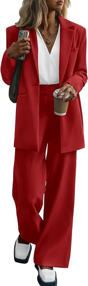 PRETTYGARDEN Women's 2023 Holiday Red Blazer Set Wide Leg Pants Outfit Pant Set Winter Blazer Outfit | Amazon (US)