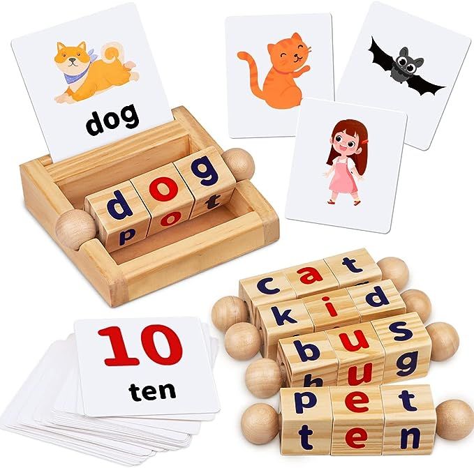 Montessori Toys for Toddlers 2 3 4 Years Old Wooden Reading Blocks Flash Cards Short Vowel Turnin... | Amazon (US)