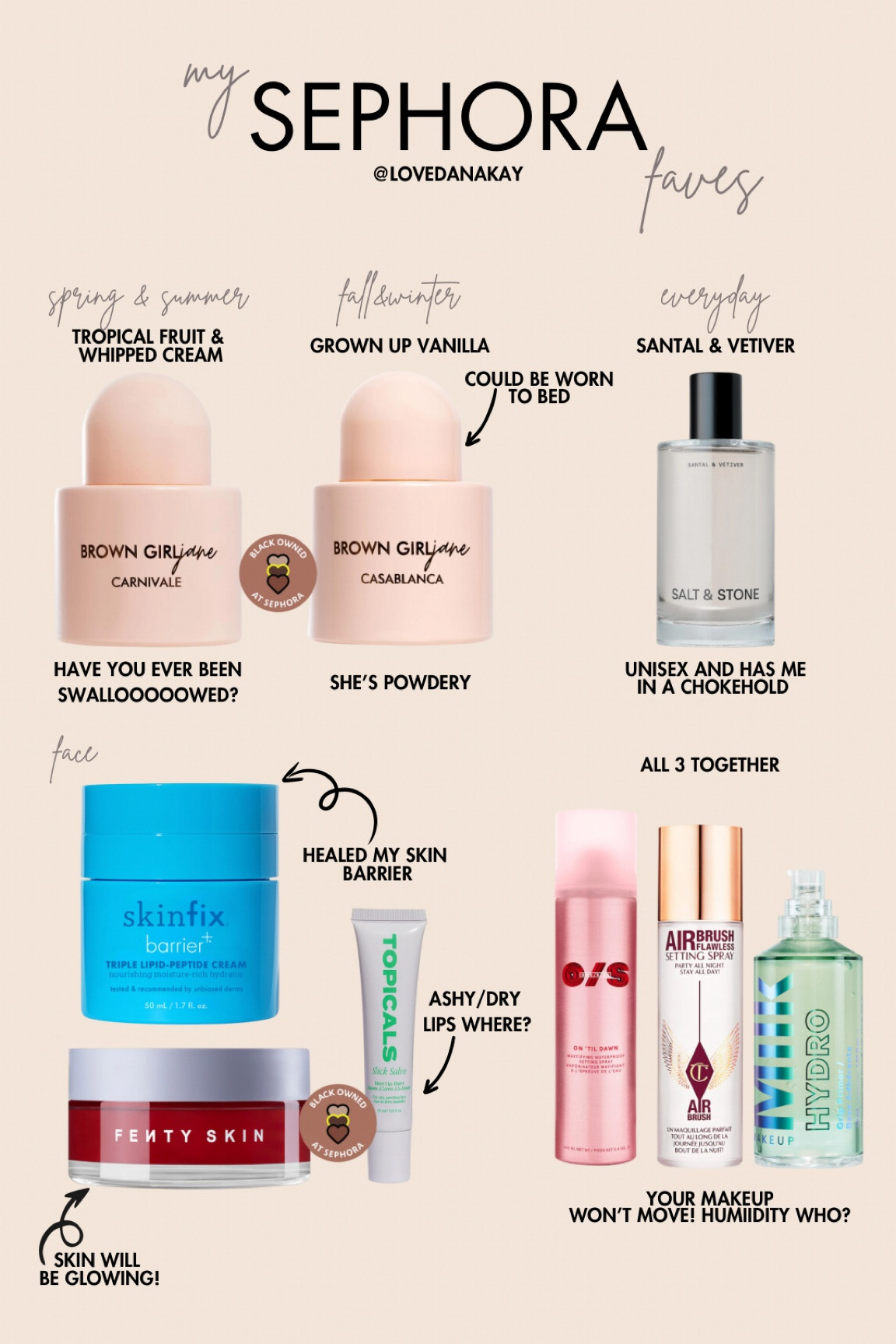 Sephora sale must haves. Black owned business. Brown Girl Jane. Brown Girl Jane Carnivale.Brown Girl Jane Casablanca. Salt and Stone. Salt and Stone Santal and Vetiver. SkinFix moisturizer. Fenty Skin Mask. Fenty Skin. Topicals. Topicals Lip Balm. Patrick Starr OneSize Beauty. OneSize Setting Spray. On Til Dawn. Charlotte Tillbury Setting Spray. Best Setting Spray. Milk Hydrogrip Primer. Milk Makeup.

#LTKbeauty #LTKxSephora #LTKsalealert