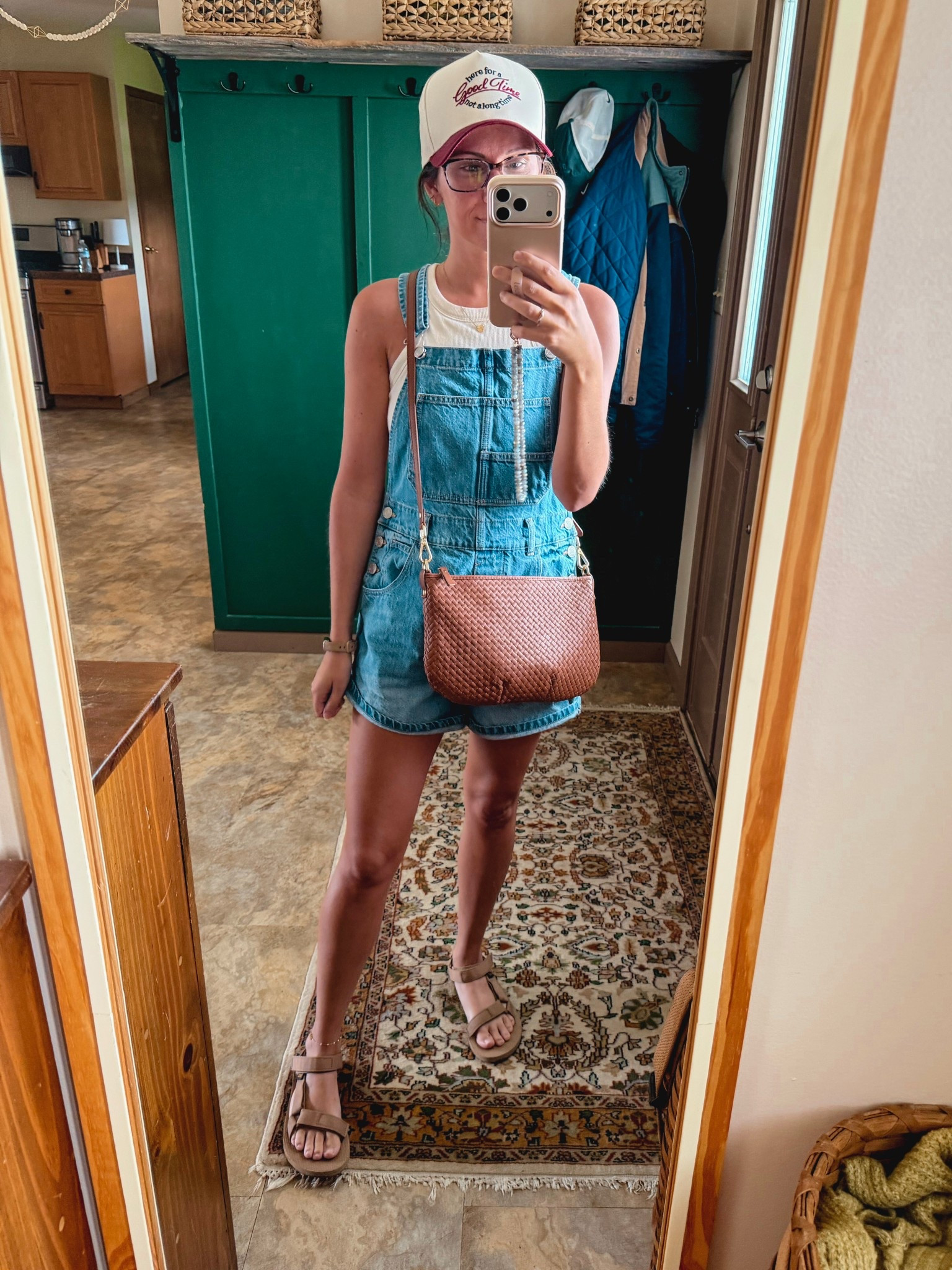 xs in my overalls (organic cotton and super comfy! Shrink a little bit in the wash). Small on my tank top (built in bra🙌🏽) and 6 in my sandals.
 This baseball cap is so cute too! 

#LTKSeasonal #LTKPetite #LTKootd