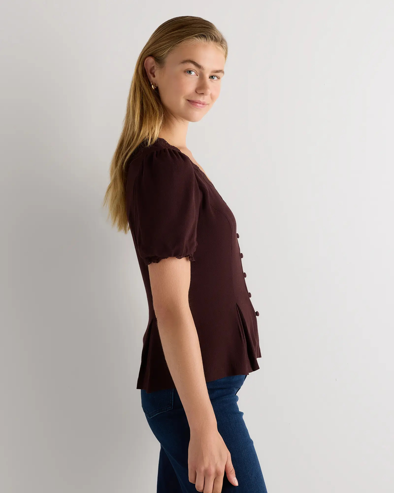 Lightweight Crepe Lace Puff Sleeve Blouse | Quince