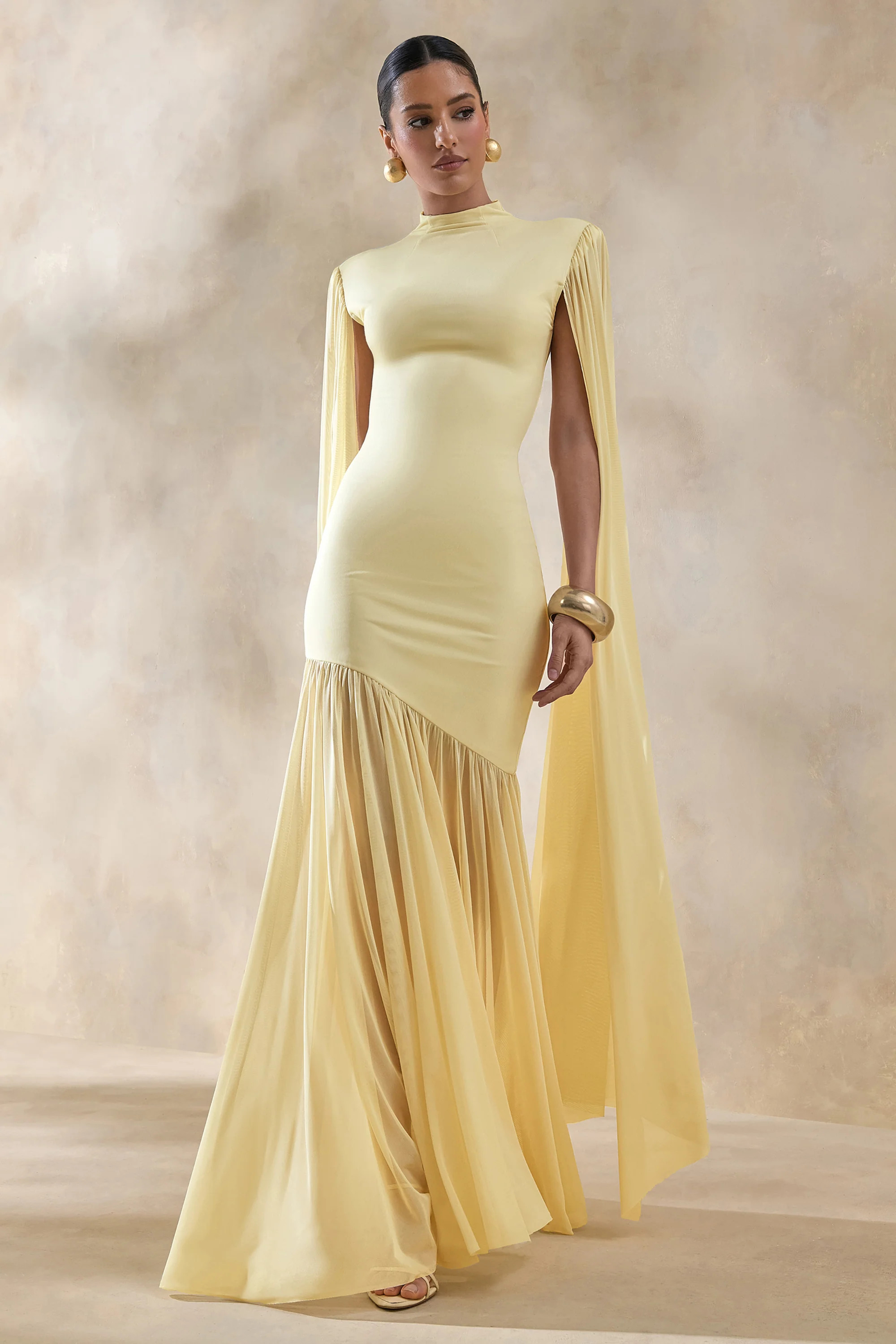 Chantelle | Lemon High-Neck Maxi Dress With Drop-Waist And Cape-Sleeves | Club L London