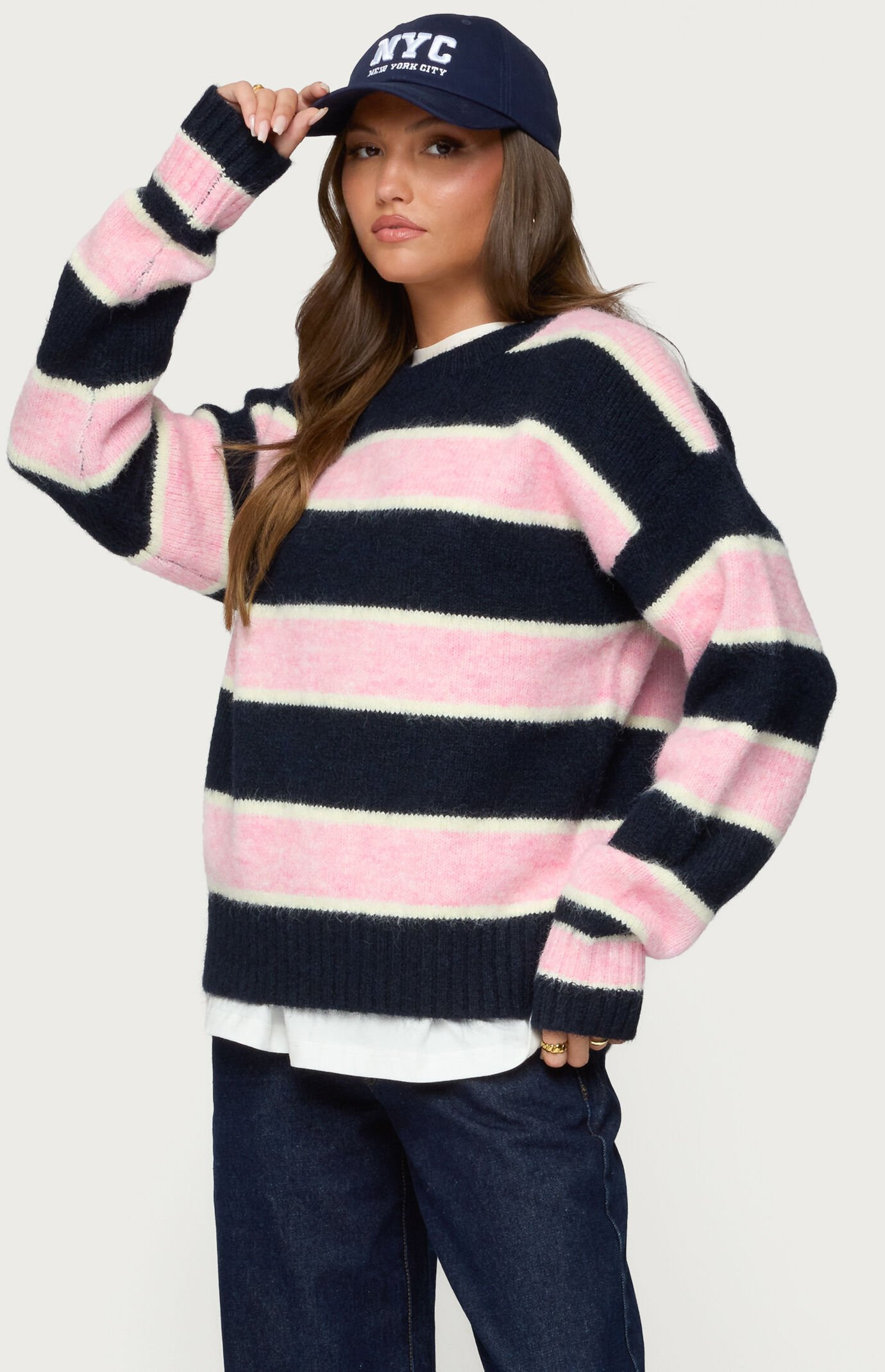Edikted Women's Conrad Striped Knit Sweater in Blue/Pink - Size XL | PacSun