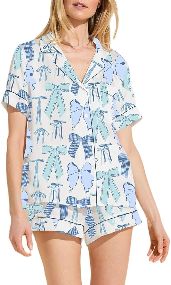Juakoso Women Sweet Bow Pajamas Sets Short Sleeve Button Down Pjs Sets Cute 2 Piece Lounge Sets Y... | Amazon (US)