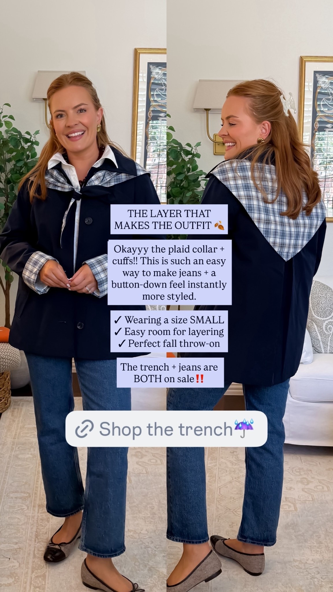 THE LAYER THAT MAKES THE OUTFIT 🍂

Okayyy the plaid collar + cuffs!! This is such an easy way to make jeans + a button-down feel instantly more styled.

✓ Wearing a size SMALL
✓ Easy room for layering
✓ Perfect fall throw-on

The trench + jeans are BOTH on sale‼️ @abercrombie