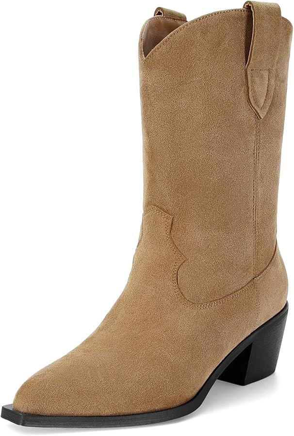 Suede Cowboy Boots for Women Pointed Toe Mid-Calf Western Boots Chunky Heel Cowgirl Booties Dress... | Amazon (US)