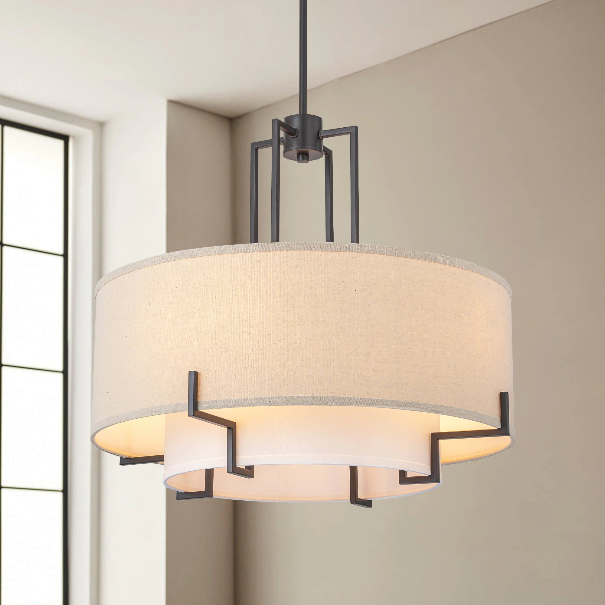 Rennnsan Raelyn 4 -Light Oil-Rubbed Bronze Farmhouse Fabric Drum Large Hanging Pendant Light | PL810149248 | Lowe's