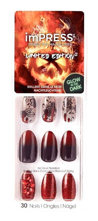 Kiss imPress Press-On Manicure Nails Burgundy Ombre (Lace Design) Almond Shape Halloween Limited ... | Amazon (US)