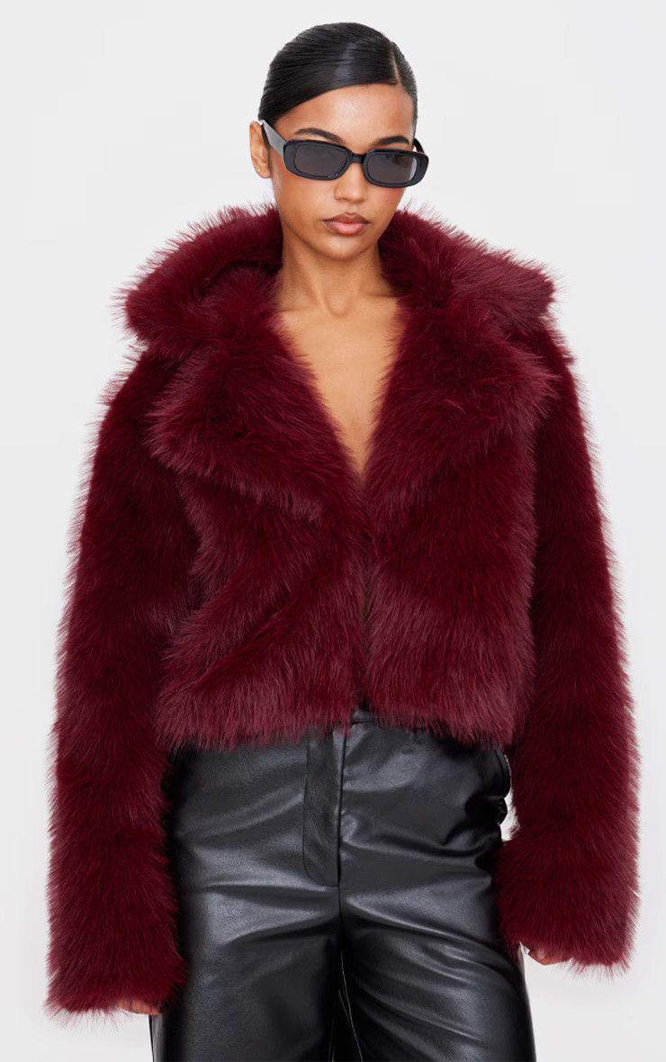 Cherry Red Cropped Faux Fur Coat | PrettyLittleThing IE