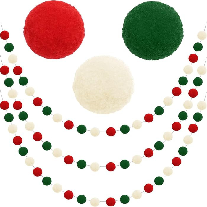 Christmas Pom Pom Garland Christmas Decorations for Tree Indoor Home Room Decor 3pk Cute Hanging ... | Amazon (US)
