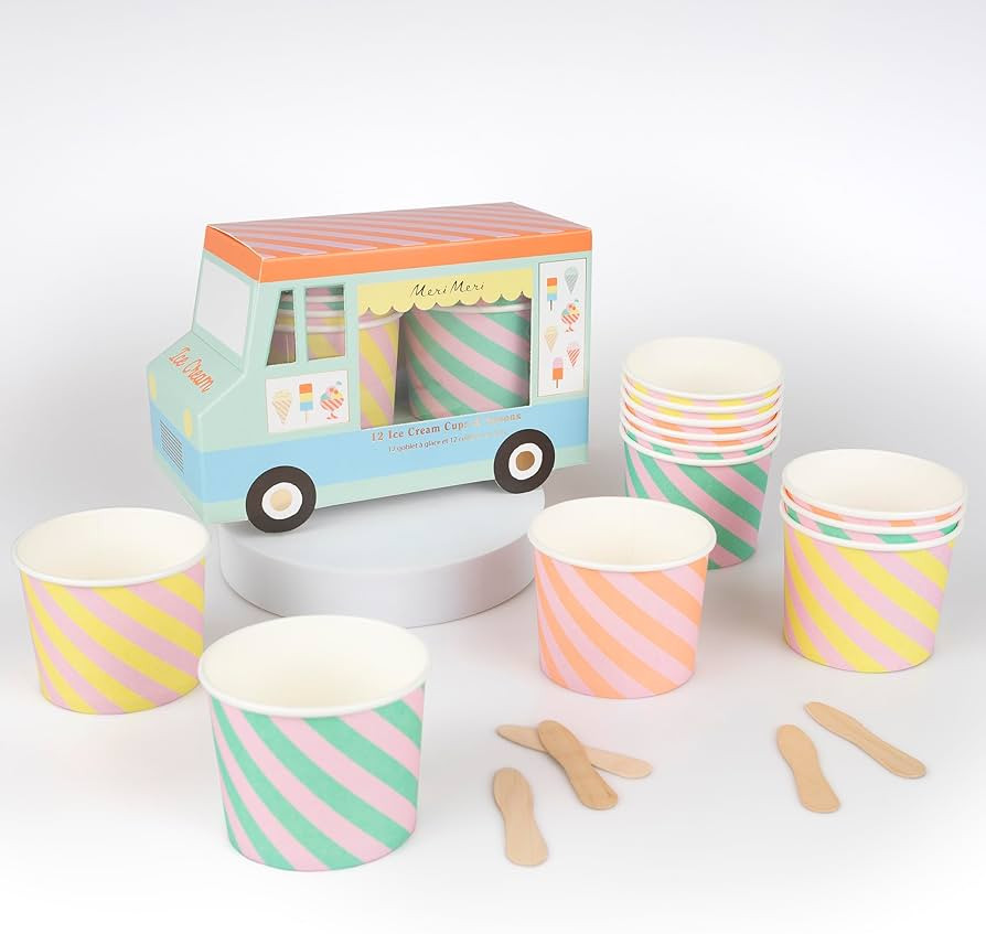 Meri Meri Ice Cream Party Pack (Pack of 12), Ice Cream Cups & Spoons, Truck Carry Case, Striped P... | Amazon (US)