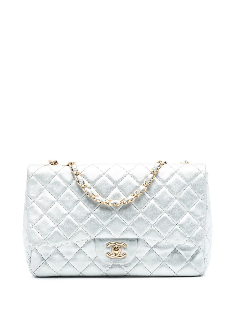 CHANEL Pre-Owned 2008-2009 Jumbo Classic Metallic Lambskin Single Flap shoulder bag - Silver | Farfetch Global