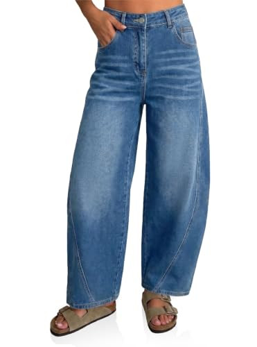 Flowyair Womens Barrel Jeans Casual Wide Leg Baggy Cropped Denim Pants | Amazon (US)