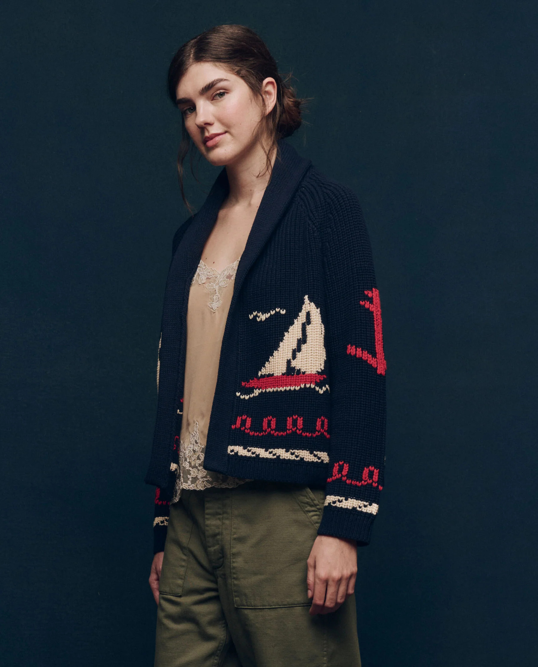 The Sailboat Lodge Cardigan. -- Dark Navy | THE GREAT.
