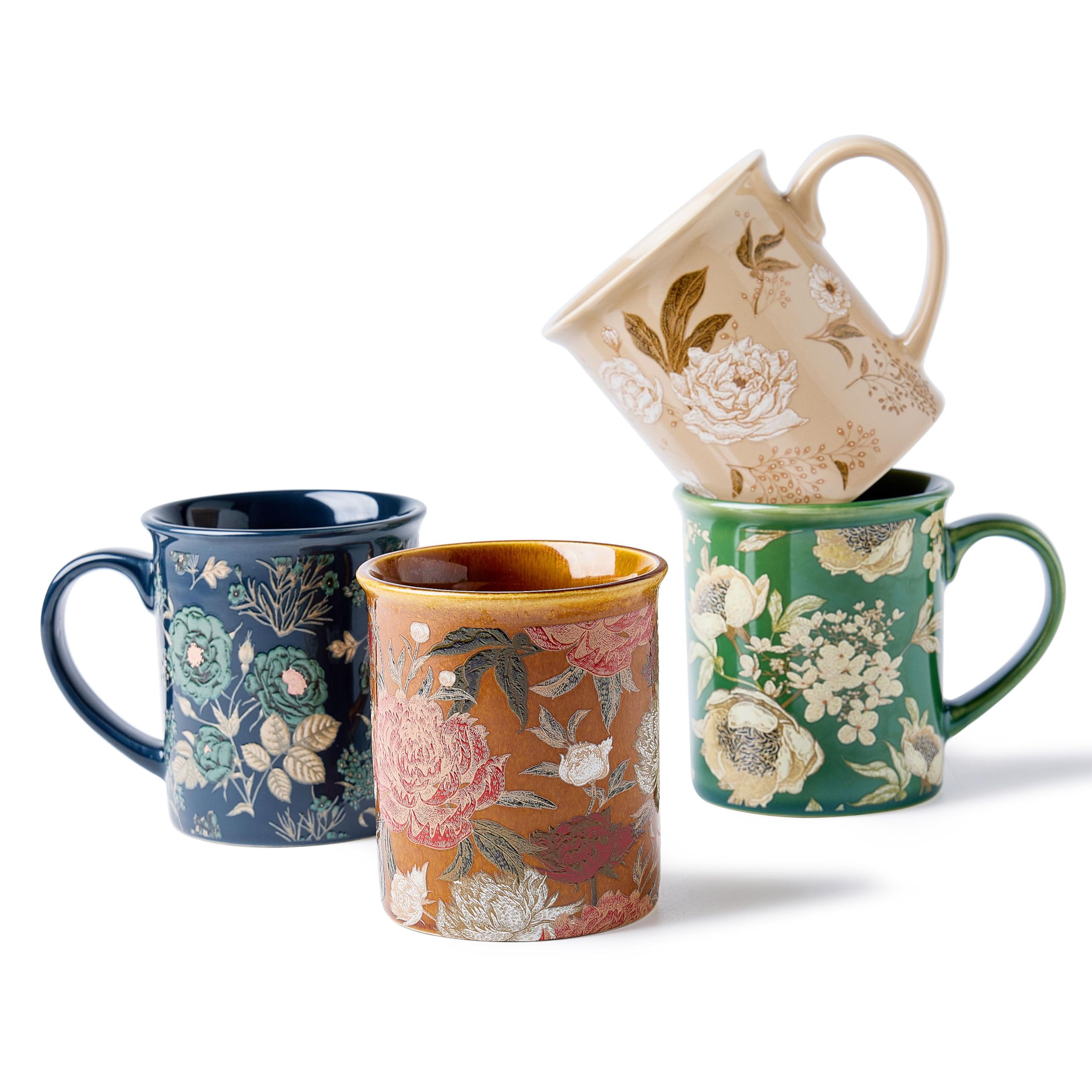 Coffee Mugs Set of 4, 12oz Ceramic Tea Cups with Floral Design, Microwavabl, Dishwasher Safe, Gif... | Amazon (US)