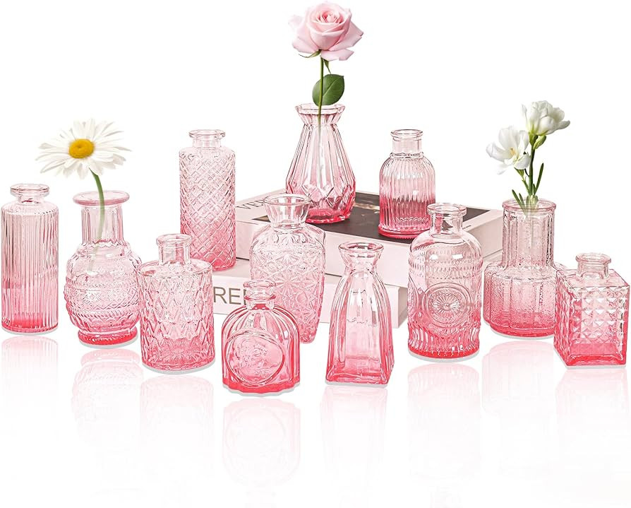 Set of 12 Glass Bud Vase Set, Small Vintage Clear Flower Vase Centerpieces for Table Bulk Cute Ru... | Amazon (US)