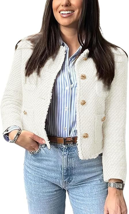chouyatou Women's Fall Business Casual Tweed Jacket Button Down Fringed Tassel Office Work Blazer... | Amazon (US)