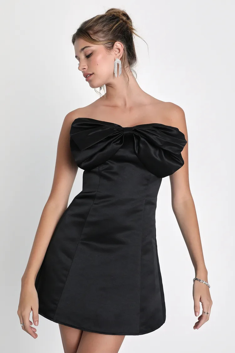 Precious Present Black Satin Strapless Bow Mini Dress | Lulus (US)