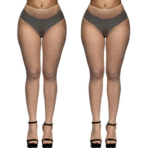 VINICUNCA Fishnet Stockings for Women Sparkly Rhinestone Fishnet Tights Glitter Fish Nets (Medium, X-Large, Nude-mini Grid, 2 Pair) | Amazon (US)