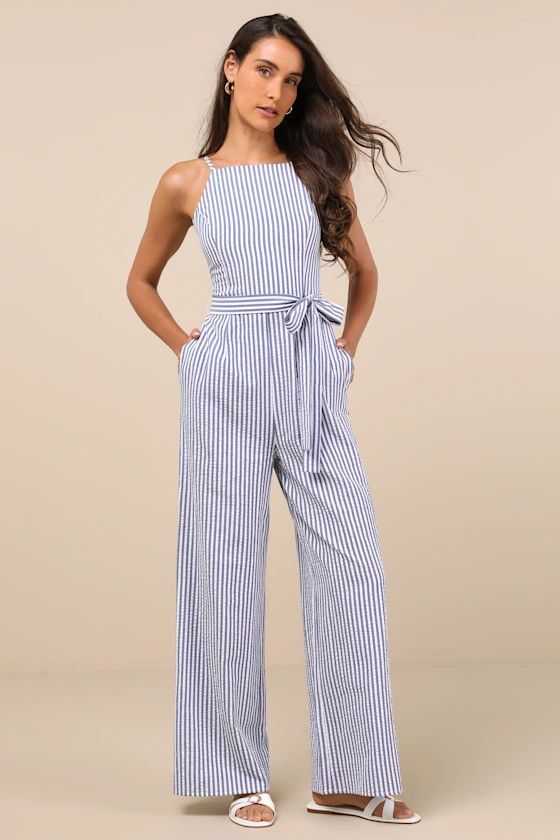 Messina Blue Striped Wide-Leg Jumpsuit | Lulus