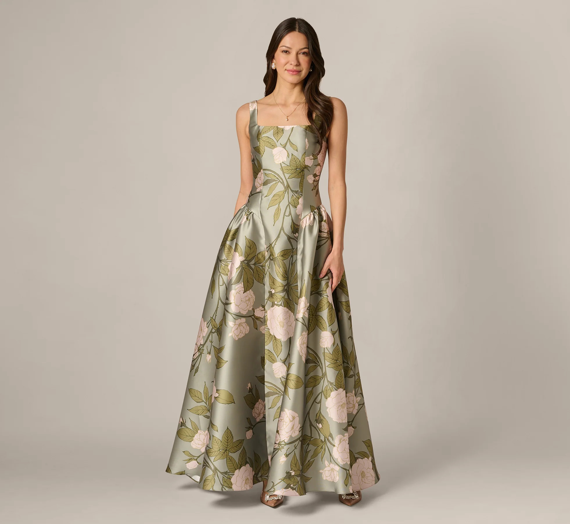 Drop Waist Square Neck Floral Ballgown In Sage Multi | Adrianna Papell