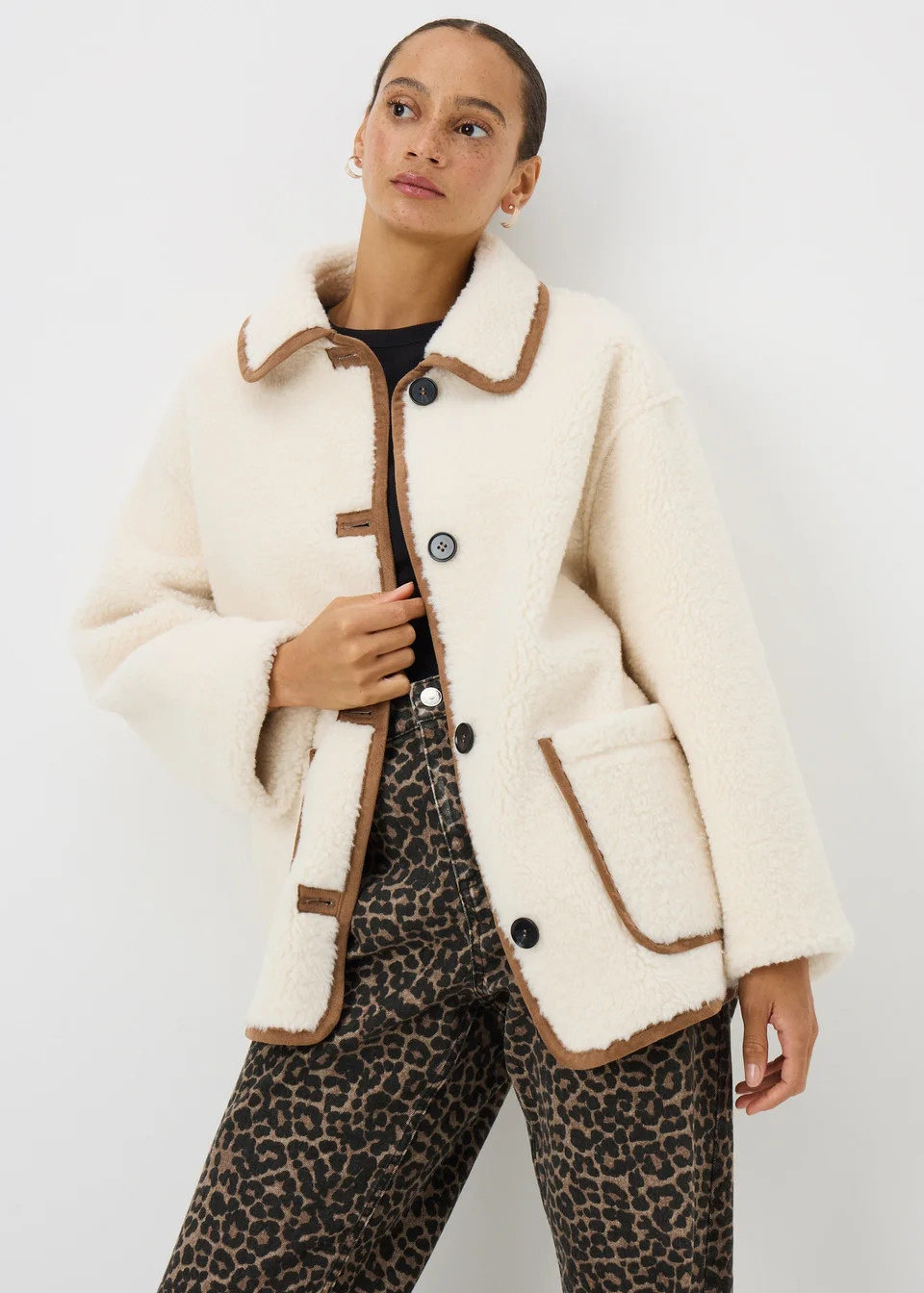 Cream Piped Borg Teddy Coat | Matalan (UK)