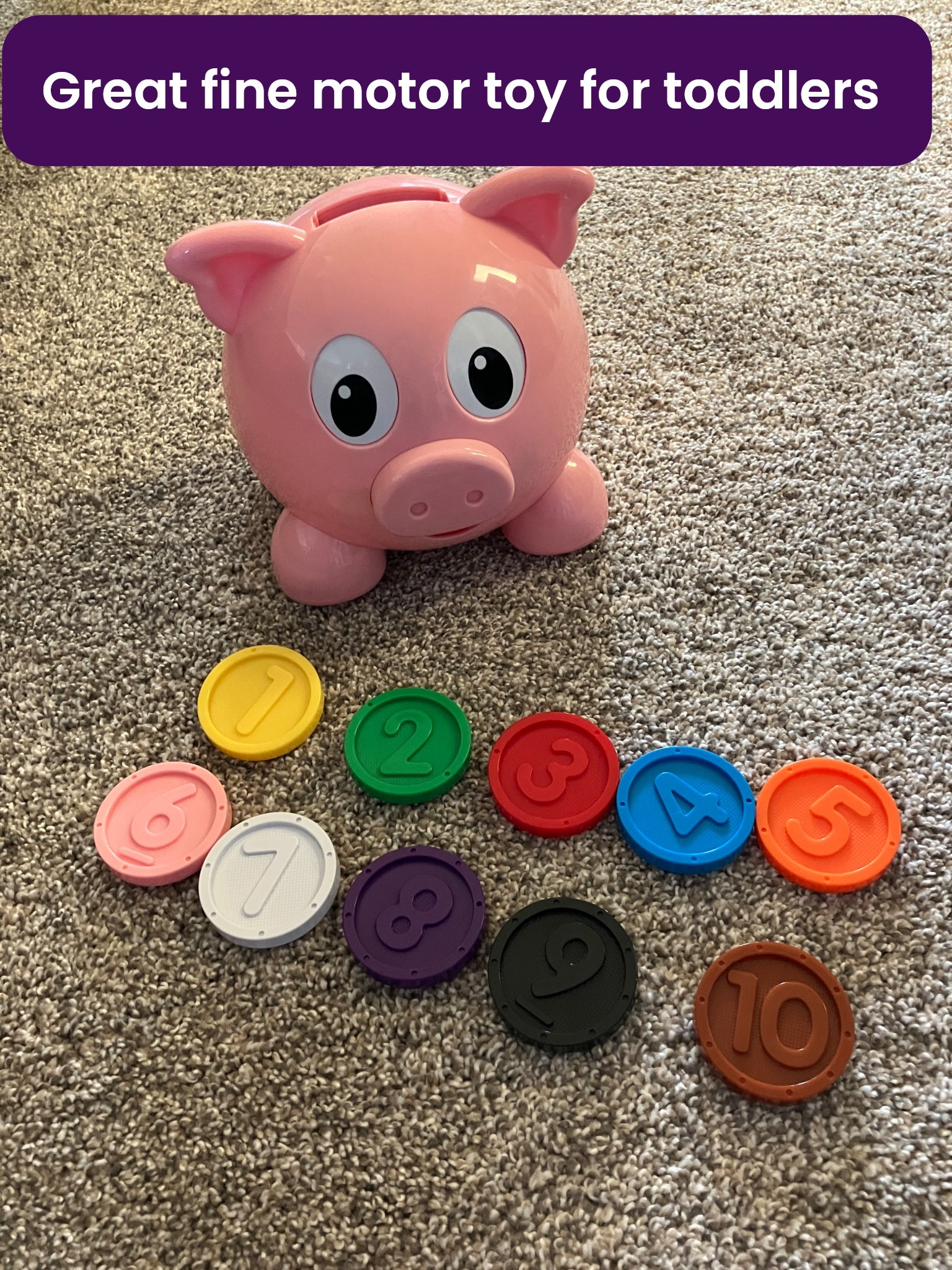 This piggy bank counting toy is a great fine motor toy for toddlers! It builds fine motor skills by having to pick up a coin and drop it in the top slot. It is also great for number and color recognition. As you drop coins in the bank, the pig will say things like “thank you, that was the green coin” or “thank you that was the number 6”. It can even do challenges where it will ask you to find specific numbers. This is a great toy for toddlers if you’re looking for a fine motor toy or an educational toy for toddlers. 

Linked in the similar items are a bunch of other toys that help with fine motor skills. 

#LTKKids #LTKBaby #LTKmomlife