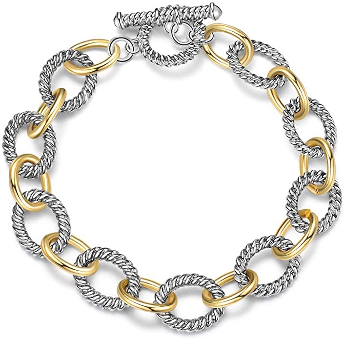 Mytys Link Bracelet Two Tone Circles Chain Silver and Gold Wire Cable Bangle Designer Inspired Br... | Amazon (US)