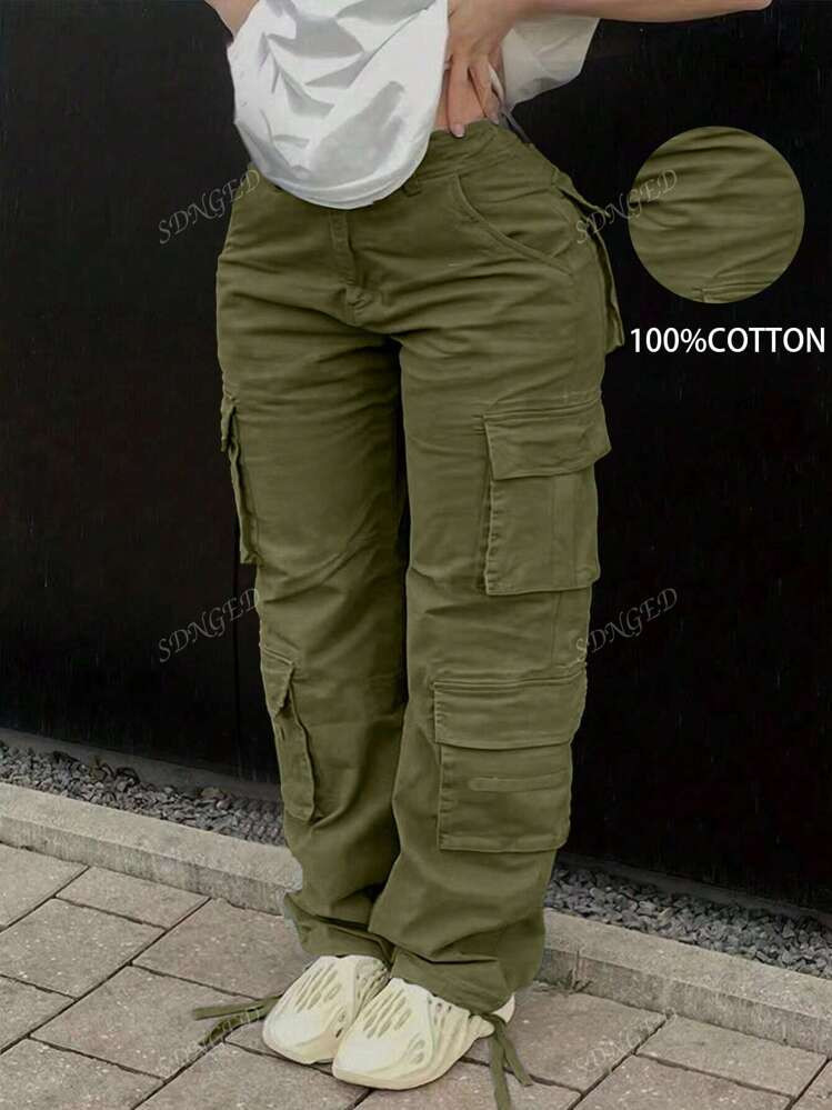 Plus Size Solid Color Button-Up Casual Multi-Pocket Cargo Pants | SHEIN