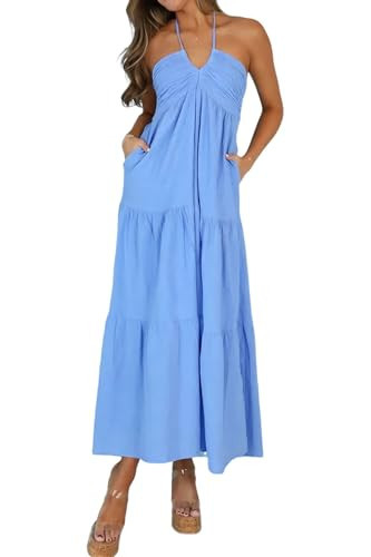 Amysister Women's Casual Summer Sleeveless Halter Tiered Beach Midi Dress with Pockets Azure M | Amazon (US)